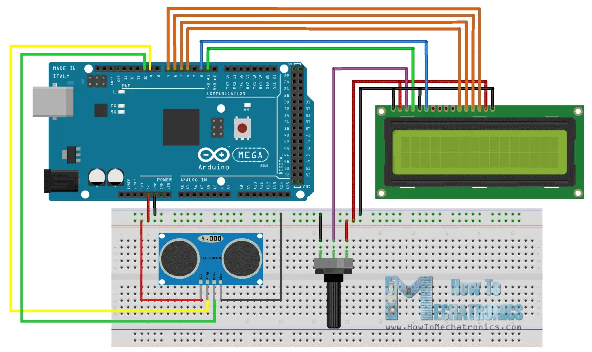 Arduino ultrasonic sensor and the LDC circuit diagram