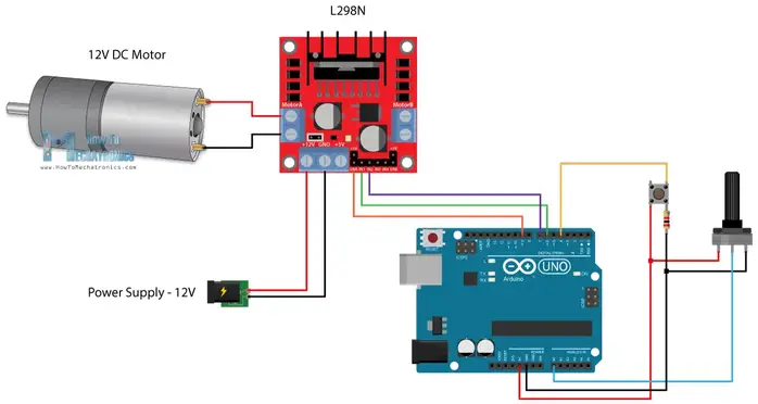 Arduino and L298N Motor Driver Circuit Diagram - DC Motor Control