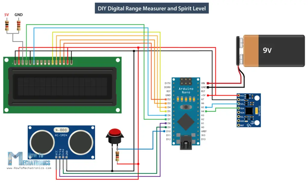 Arduino DIY Digital Range Measurer and Spirit Level Circuit Schematic