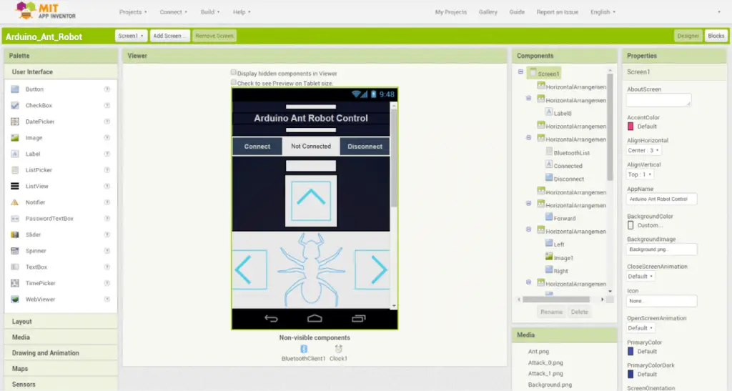 Arduino Ant Robot Hexapod Android App MIT App Inventor