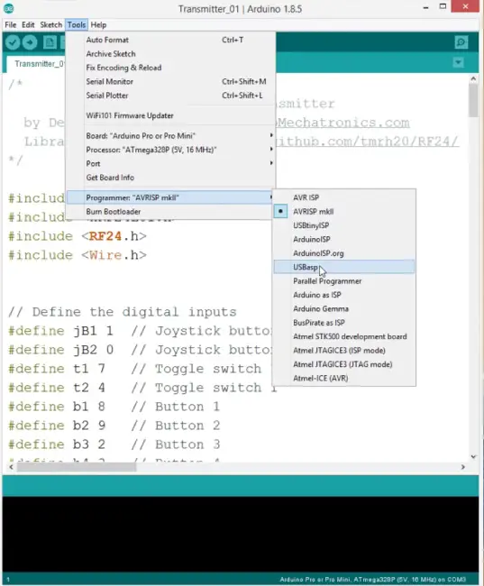 Programming an Arduino pro mini Arduino IDE settings