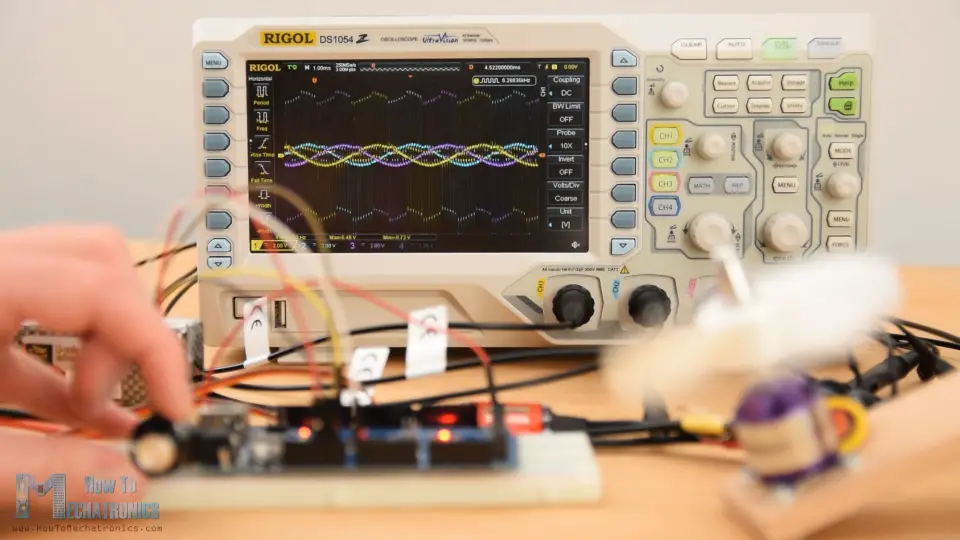 BLDC motor Phases and Back EMF displayed on an Oscilloscope