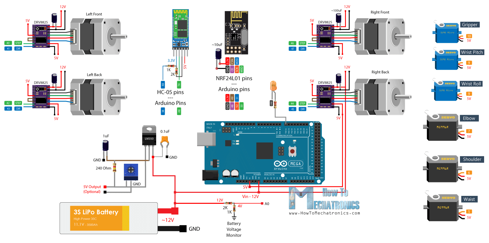 Arduino Robot Arm and Mecanum Wheels Platform Circuit Diagram