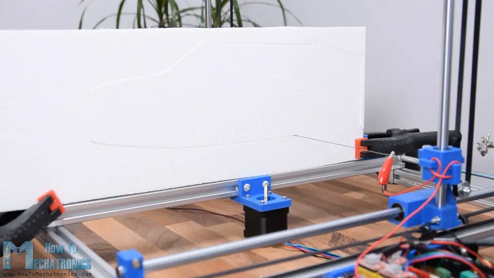 Cutting the fuselage for the RC Airplane out of Styrofoam using DIY CNC hot wire machine