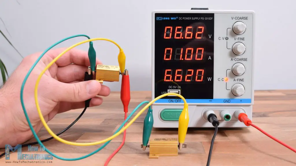 The current limit feature of the power supply in action