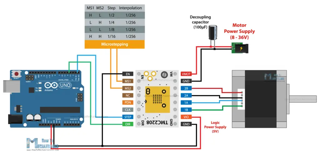 TMC2208 and Arduino Connection - Wiring diagram and microstepping table