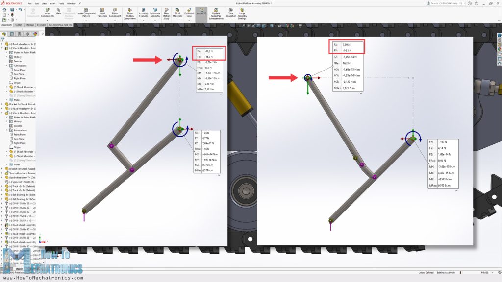 Forces reactions simulation for different suspension mechanism in SOLIDWORKS