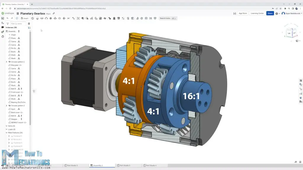 3D Model of a two-stage planetary gearbox with 16 to 1 ratio