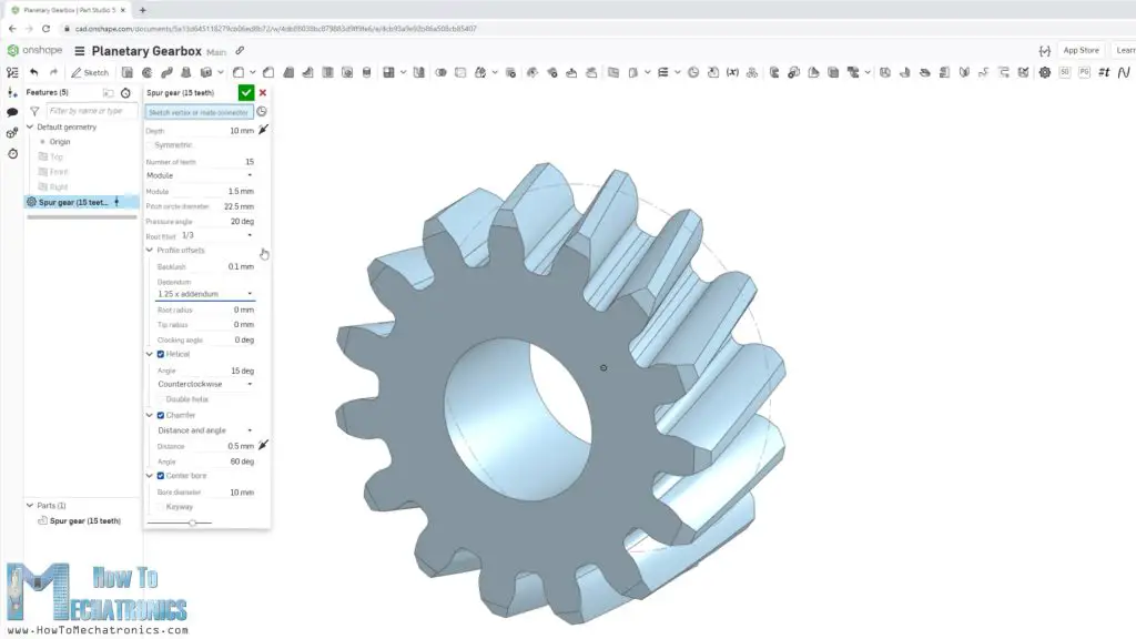 Generating a gear in Onshape with the Spur Gear FeatureScript